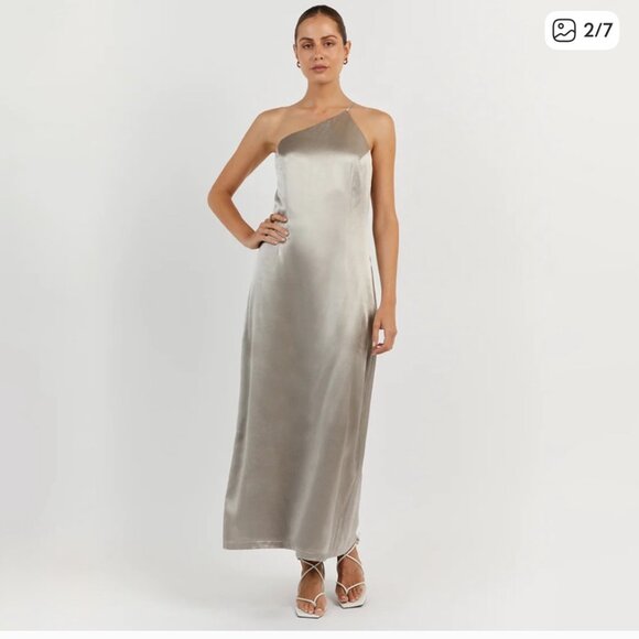 NWT DISSH Rio Pewter Silver Satin One Shoulder Midi Dress Cocktai - Picture 1 of 6